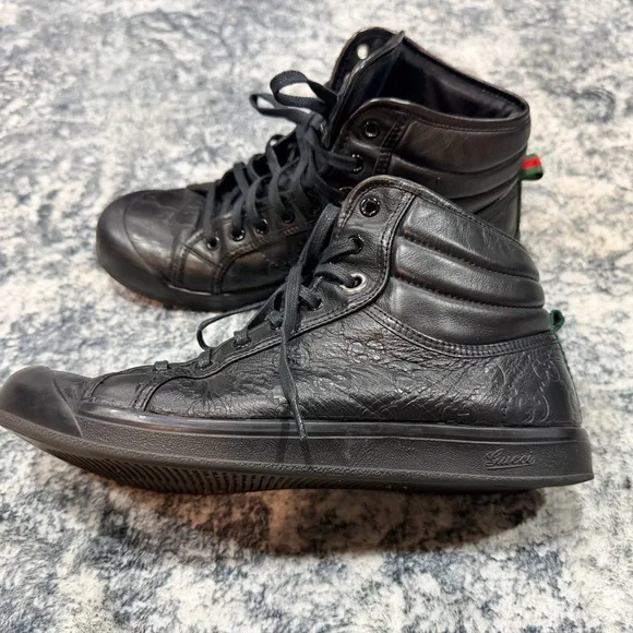 Gucci Black Guccissima Leather High Top Sneakers Size 9.5 - Picture 1 of 11